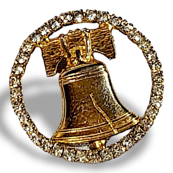 COPY - Brooch Vintage Gold Tone Liberty Bell with Faux Diamonds - Picture 1 of 6